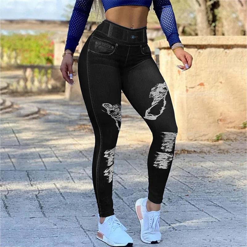 2024 Autumn Winter Women's High Waist High Elastic Imitation Denim Leggings Solid Color Fitness Sports Yoga Pants