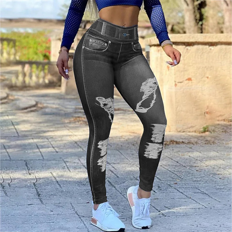 2024 Autumn Winter Women's High Waist High Elastic Imitation Denim Leggings Solid Color Fitness Sports Yoga Pants