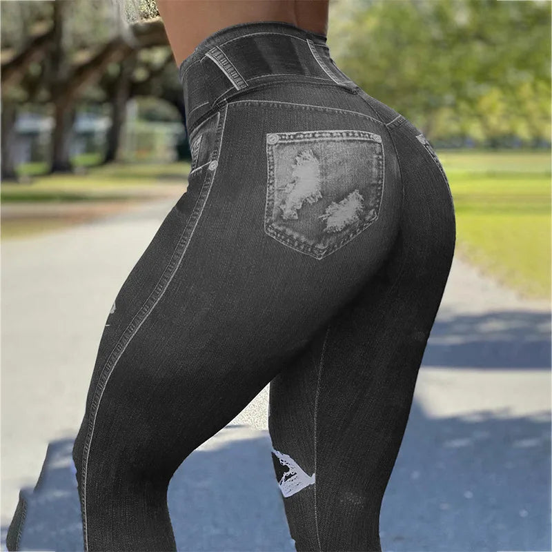 2024 Autumn Winter Women's High Waist High Elastic Imitation Denim Leggings Solid Color Fitness Sports Yoga Pants